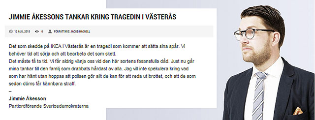 Jimmie Åkesson (SD) den förste politiker att kommentera morden på IKEA i Västerås