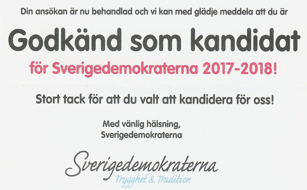 Godkänd som kandidat för Sverigedemokraterna 2017-2018